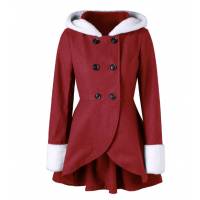 Plush Hooded Double Breasted Tunic Coat - Red 